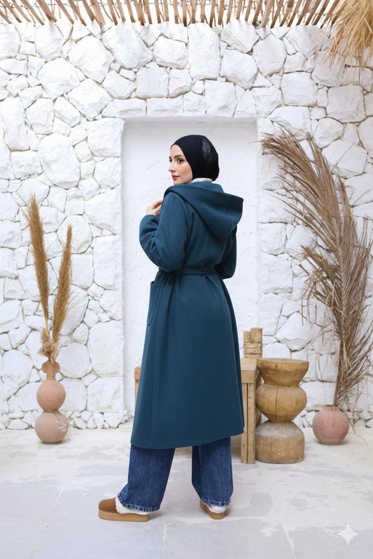 Wool Hooded Coat in Petrol blue