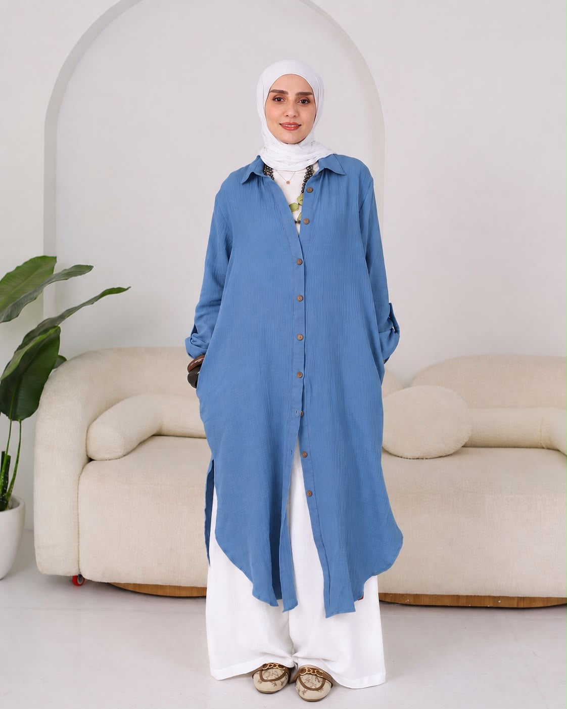 long crinkle cotton shirt in blue