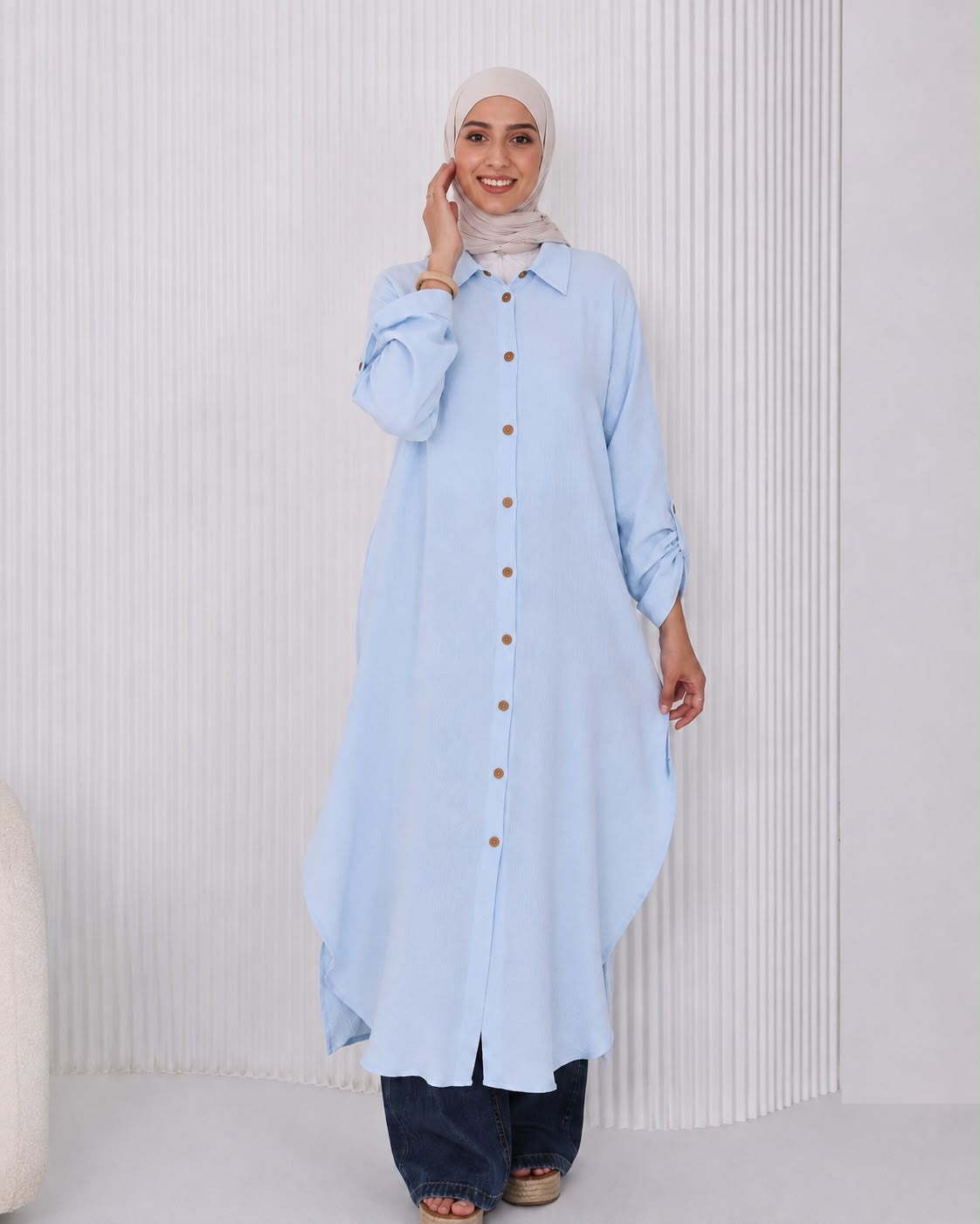 long crinkle cotton shirt in baby blue