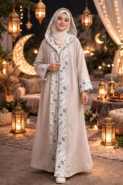 Elegant Beige Floral Trim Abaya – Ramadan & Eid Collection