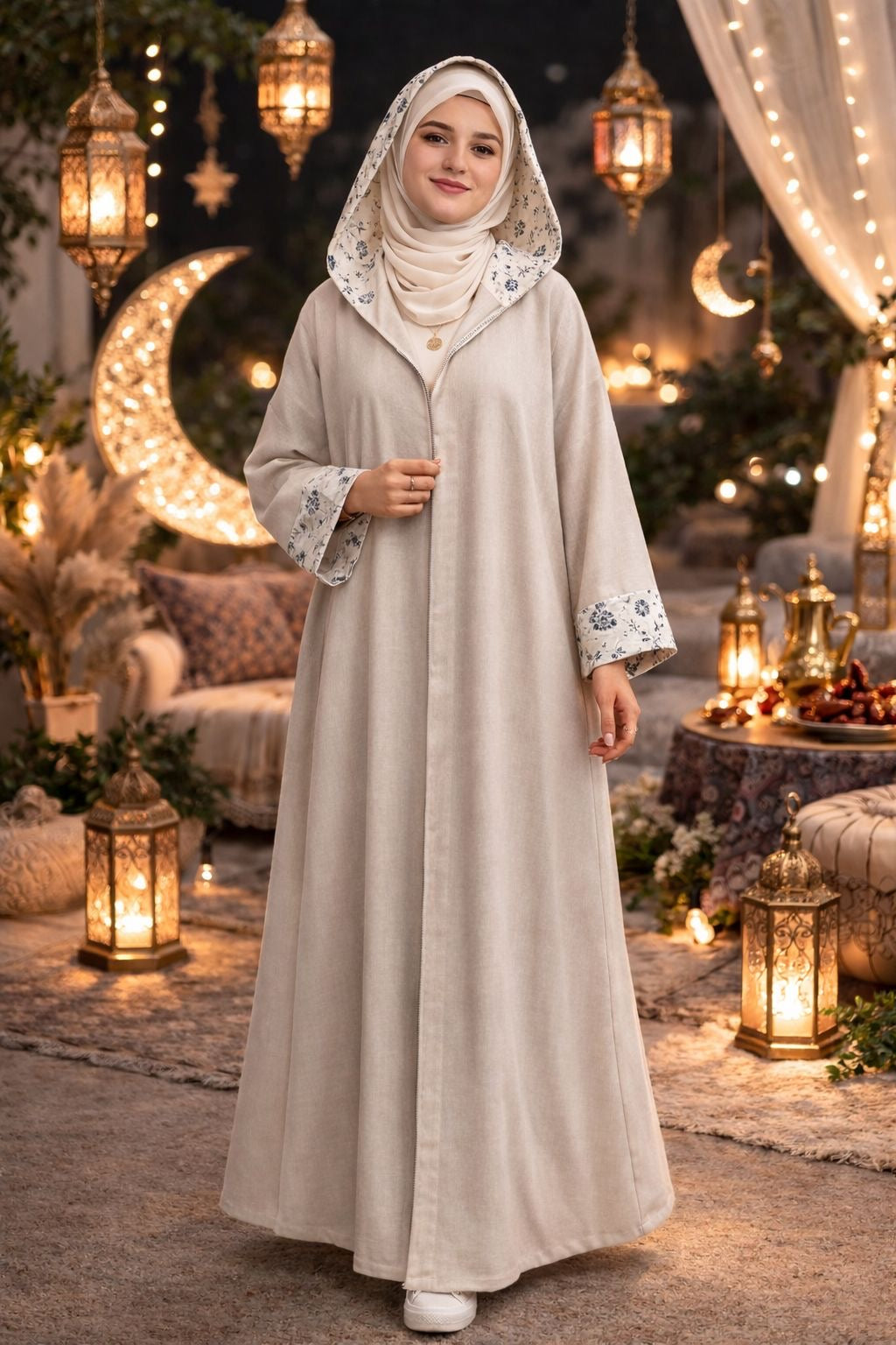 Elegant Beige Floral Trim Abaya – Ramadan & Eid Collection