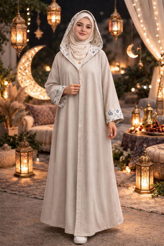 Elegant Beige Floral Trim Abaya – Ramadan & Eid Collection