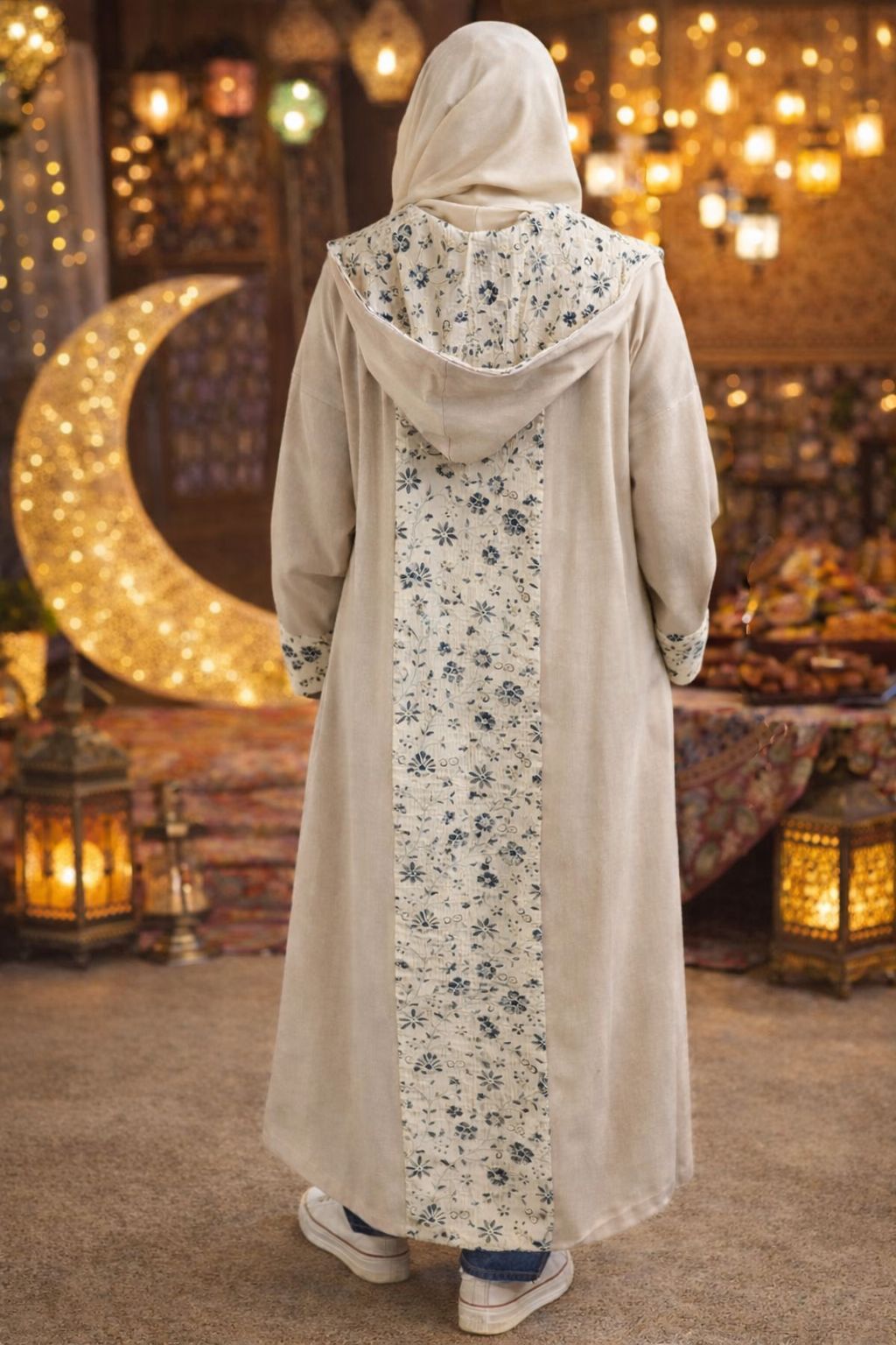 Elegant Beige Floral Trim Abaya – Ramadan & Eid Collection