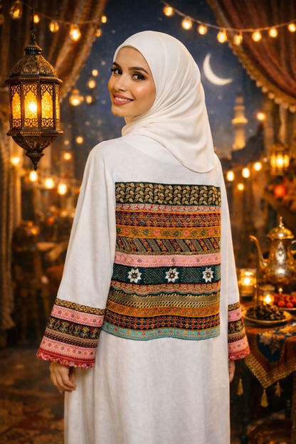 White Open Abaya with Ethnic Embroidery – Ramadan & Eid Collection