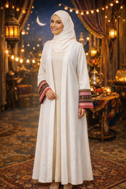 White Open Abaya with Ethnic Embroidery – Ramadan & Eid Collection