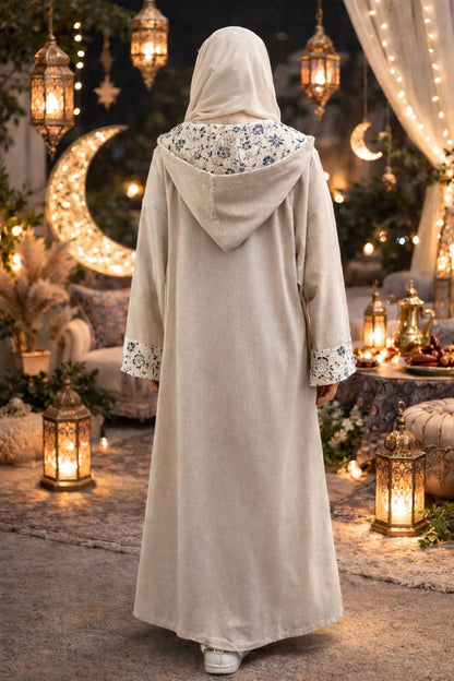 Elegant Beige Floral Trim Abaya – Ramadan & Eid Collection