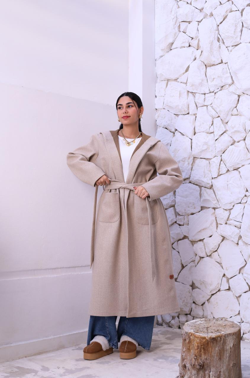 Wool Hooded Coat in Beige
