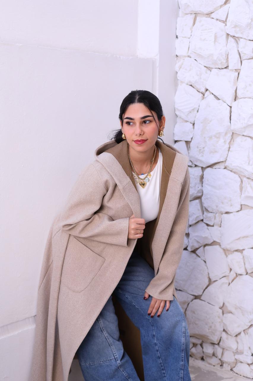 Wool Hooded Coat in Beige