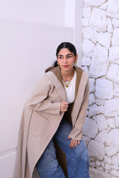Wool Hooded Coat in Beige