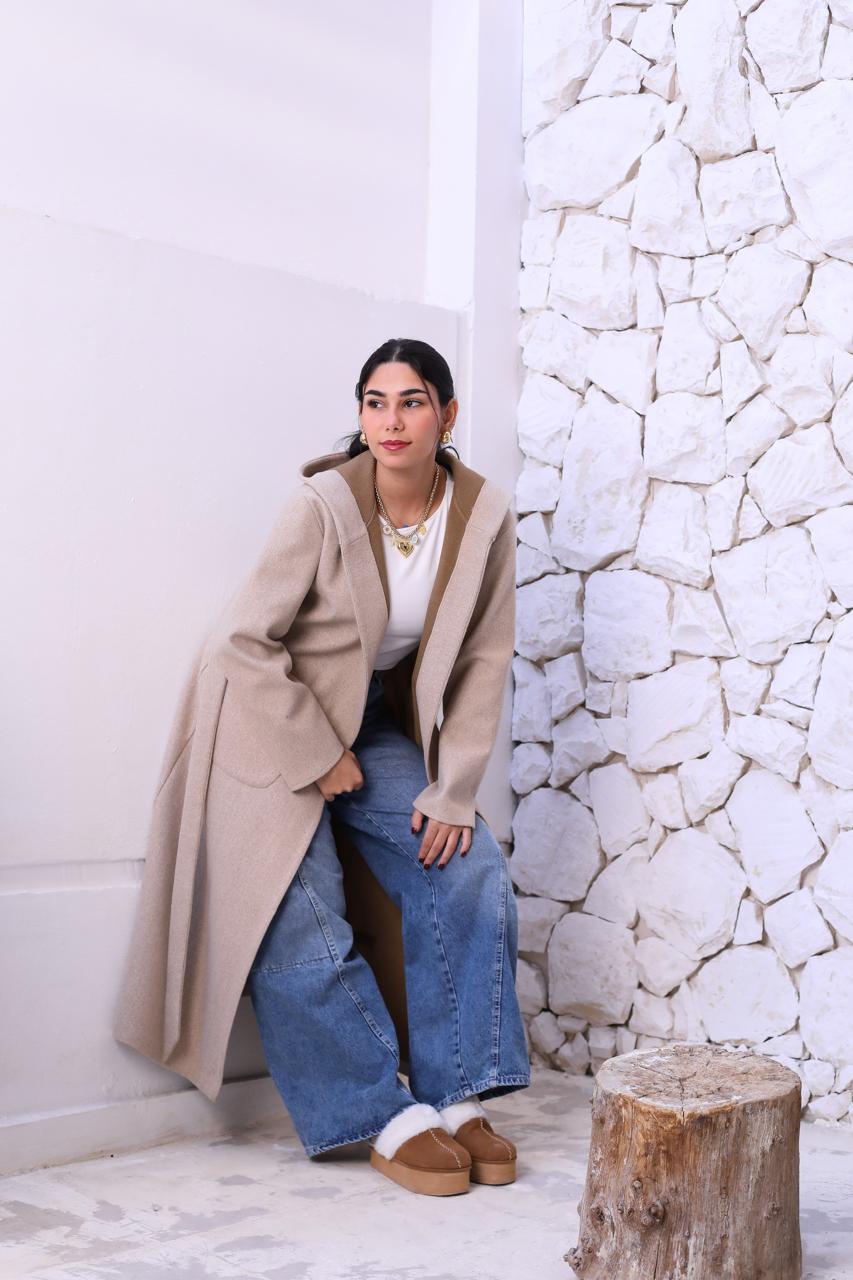 Wool Hooded Coat in Beige