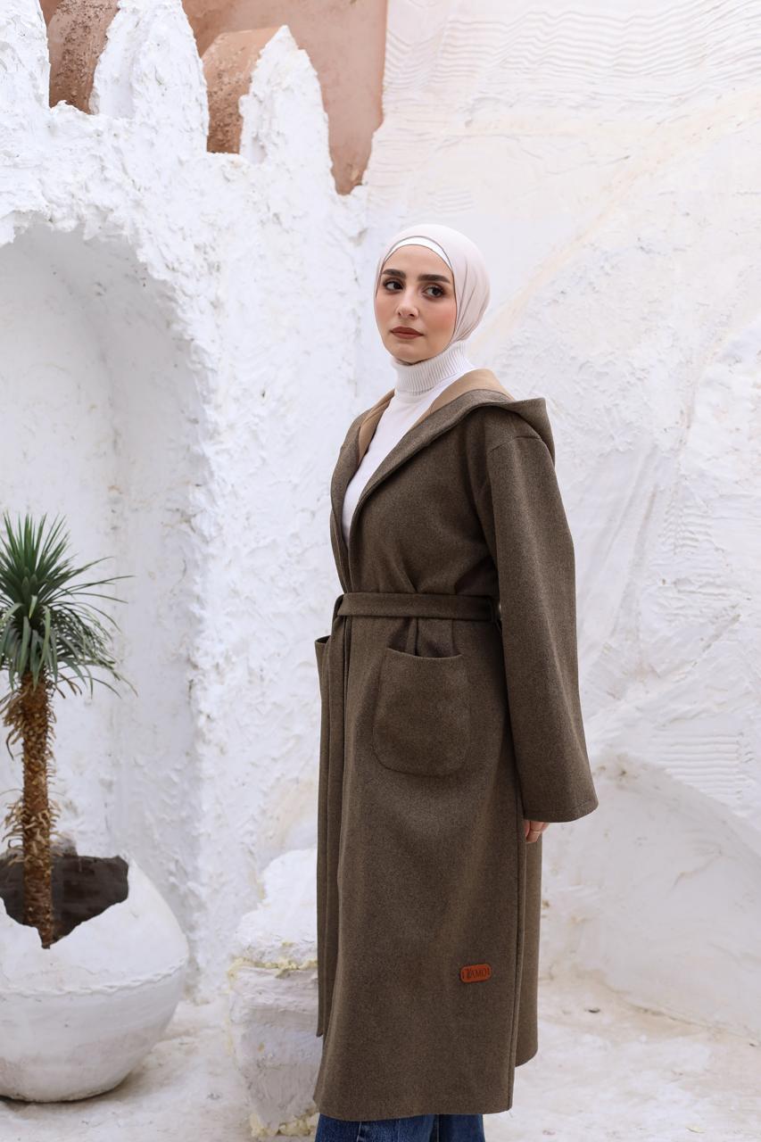 Wool Hooded Coat in Brown