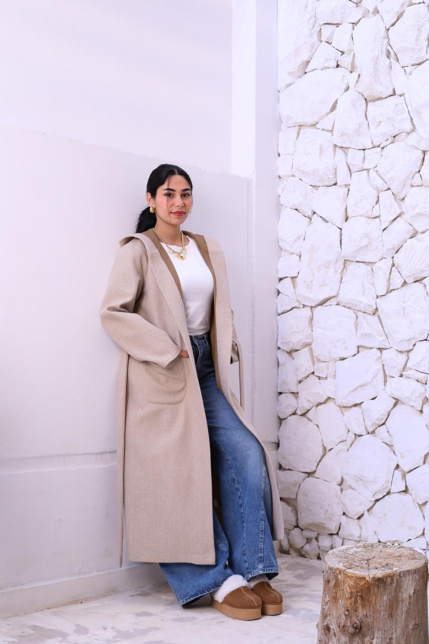 Wool Hooded Coat in Beige