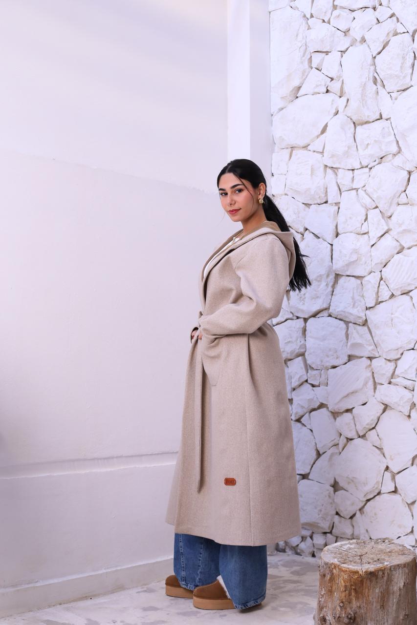 Wool Hooded Coat in Beige