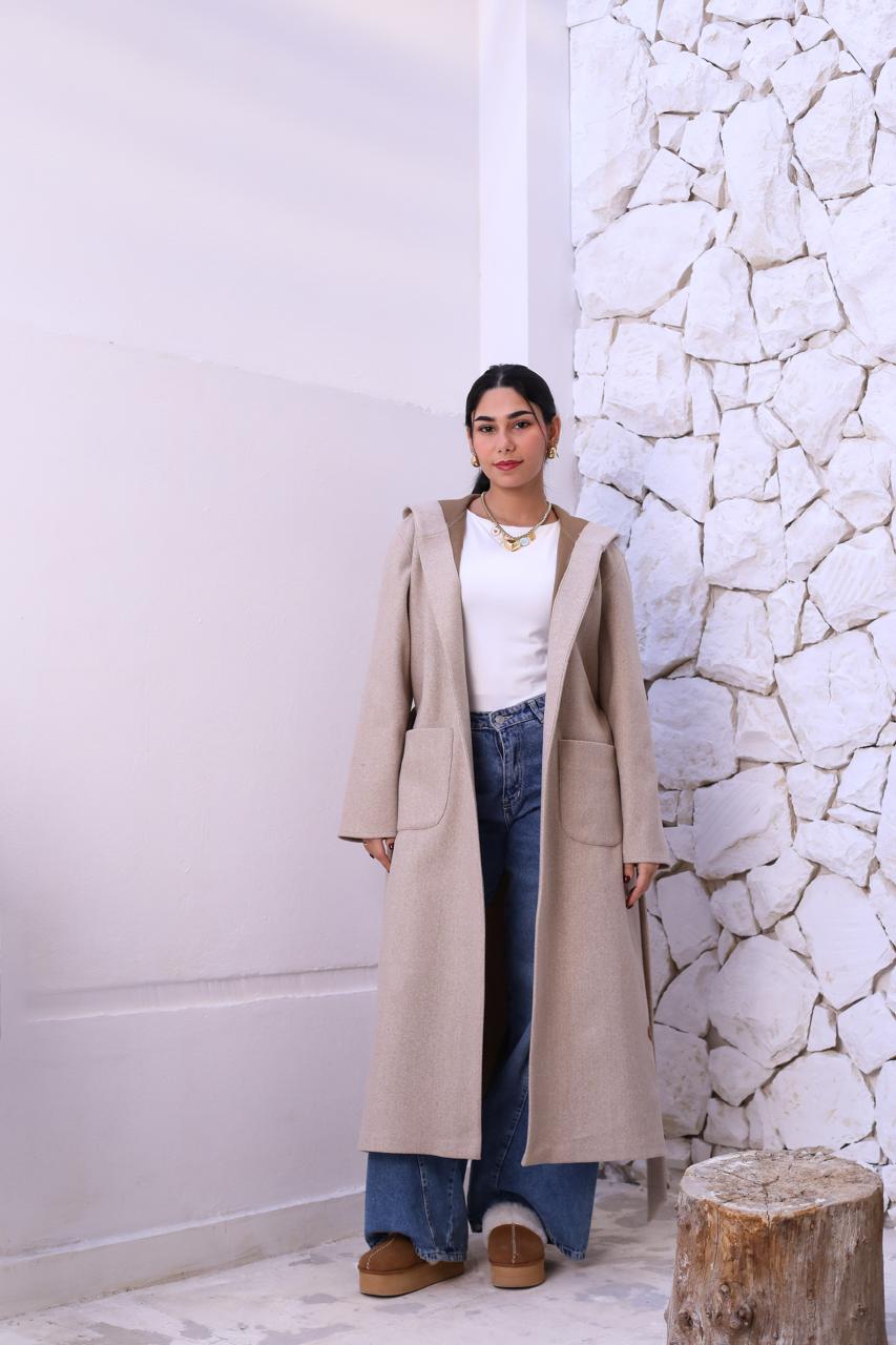 Wool Hooded Coat in Beige