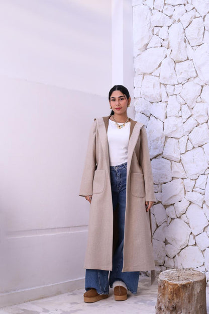 Wool Hooded Coat in Beige