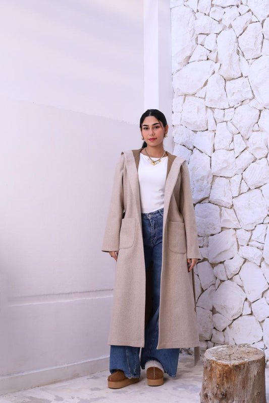 Wool Hooded Coat in Beige