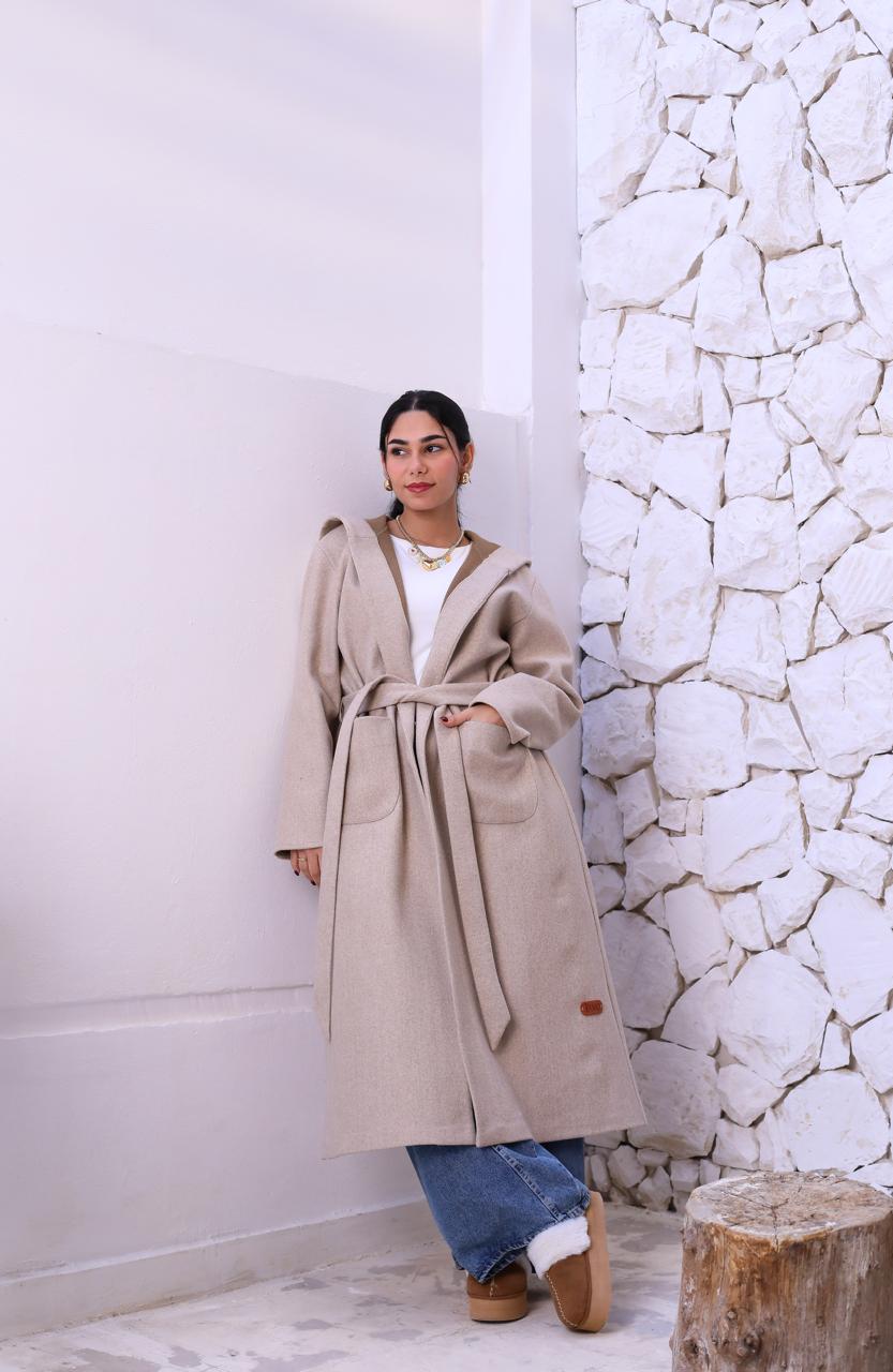 Wool Hooded Coat in Beige