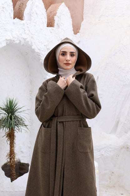 Wool Hooded Coat in Brown