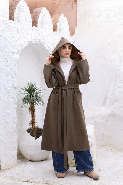 Wool Hooded Coat in Brown
