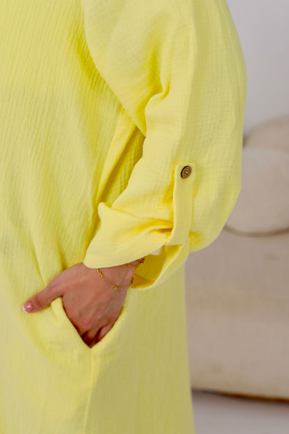 Long Crinkle Cotton Shirt in Yellow