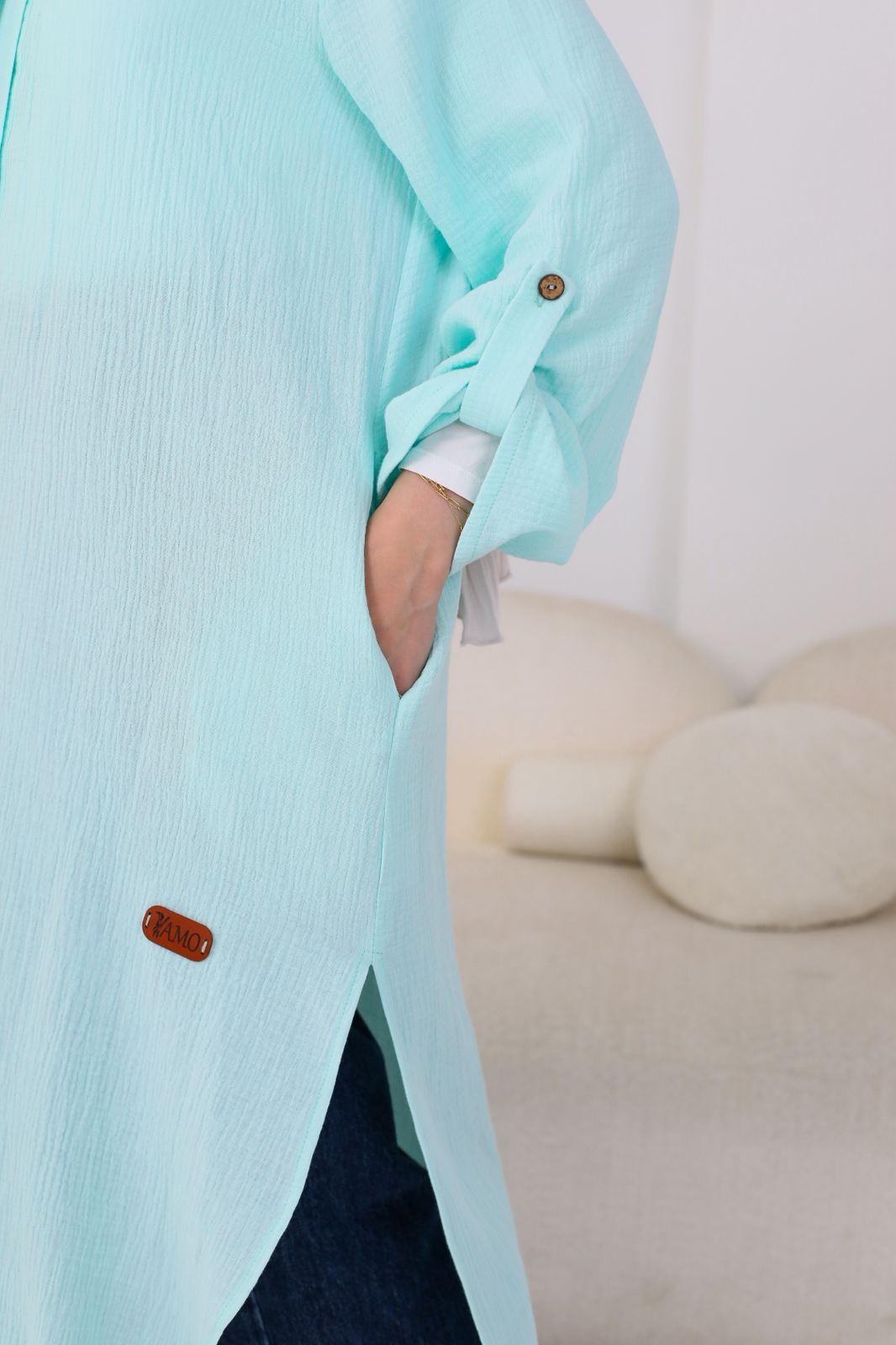Long Crinkle Cotton Shirt in Aqua