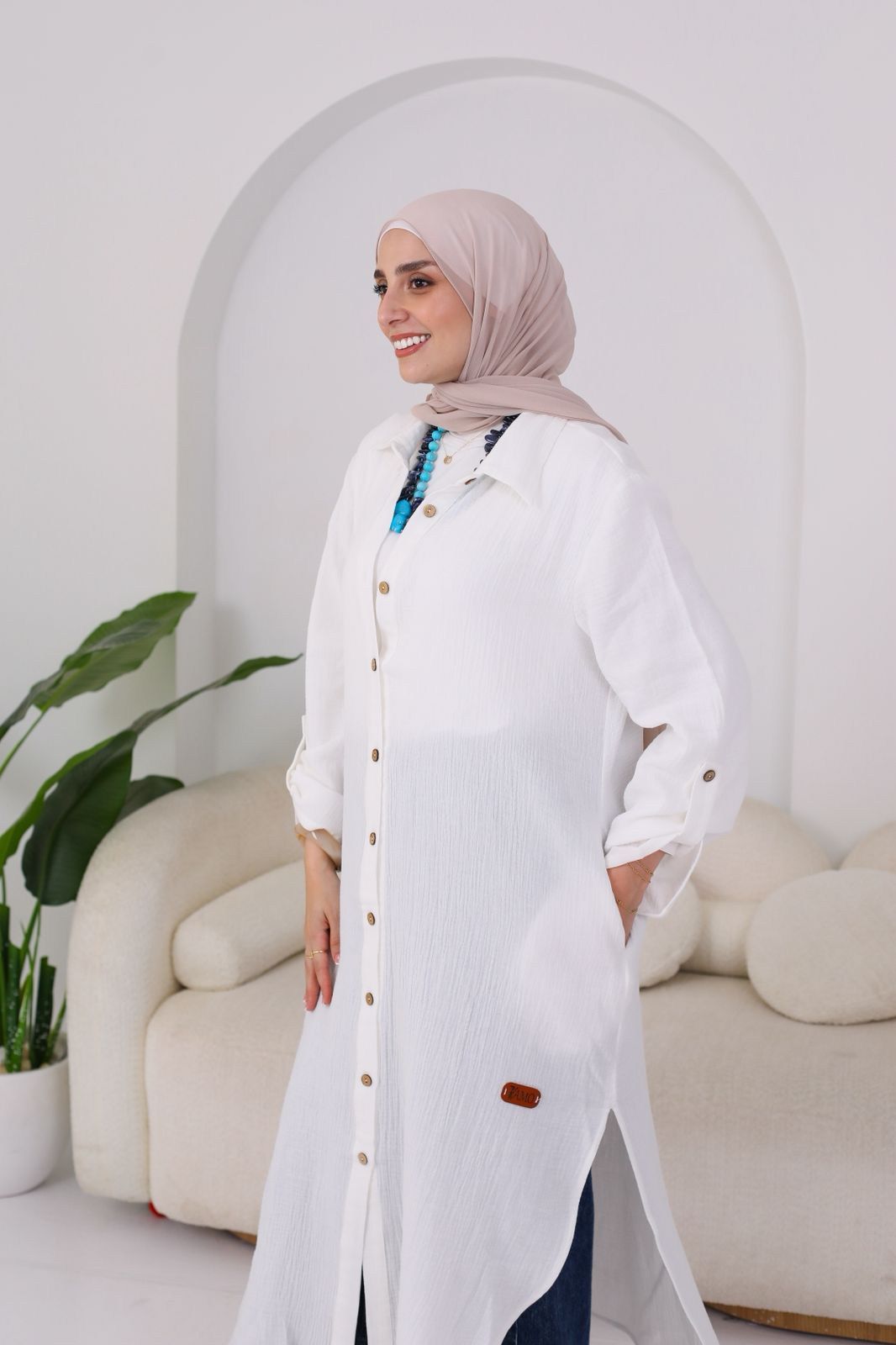 Long Crinkle Cotton Shirt in White