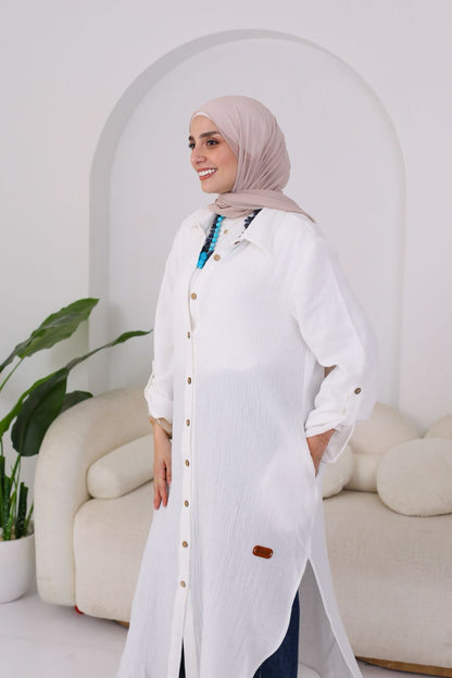 Long Crinkle Cotton Shirt in White