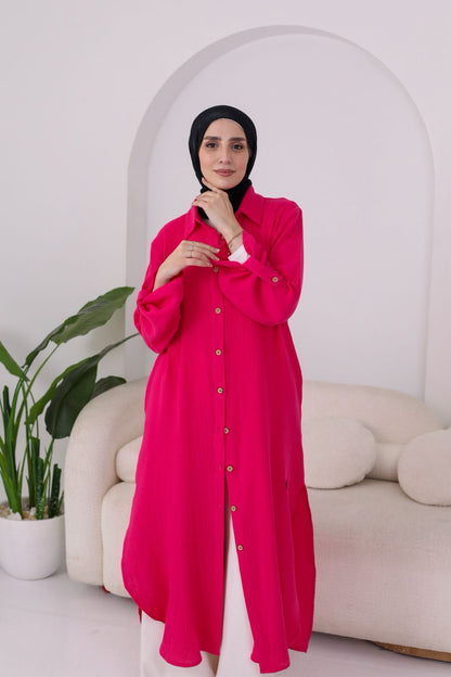 Long Crinkle Cotton Shirt in Fushia