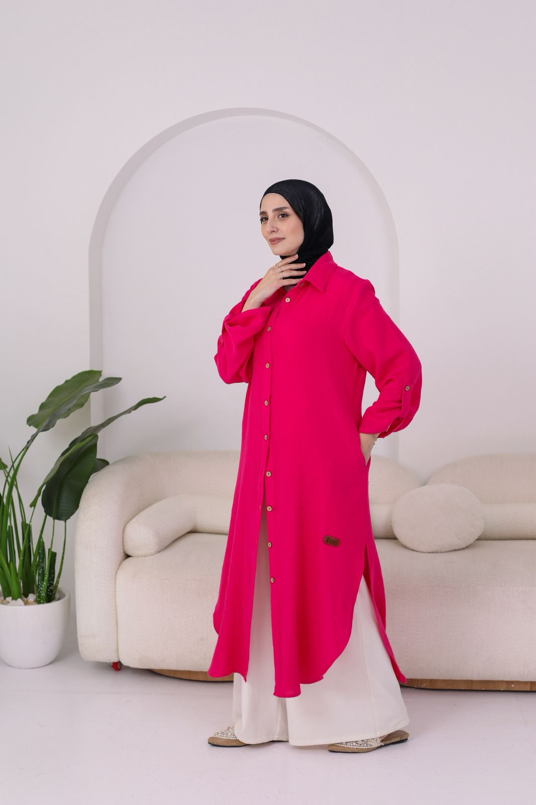 Long Crinkle Cotton Shirt in Fushia