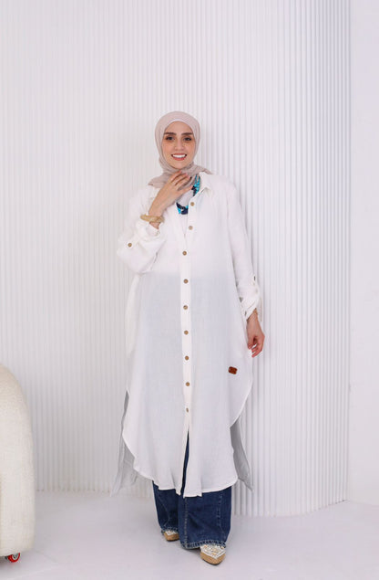 Long Crinkle Cotton Shirt in White