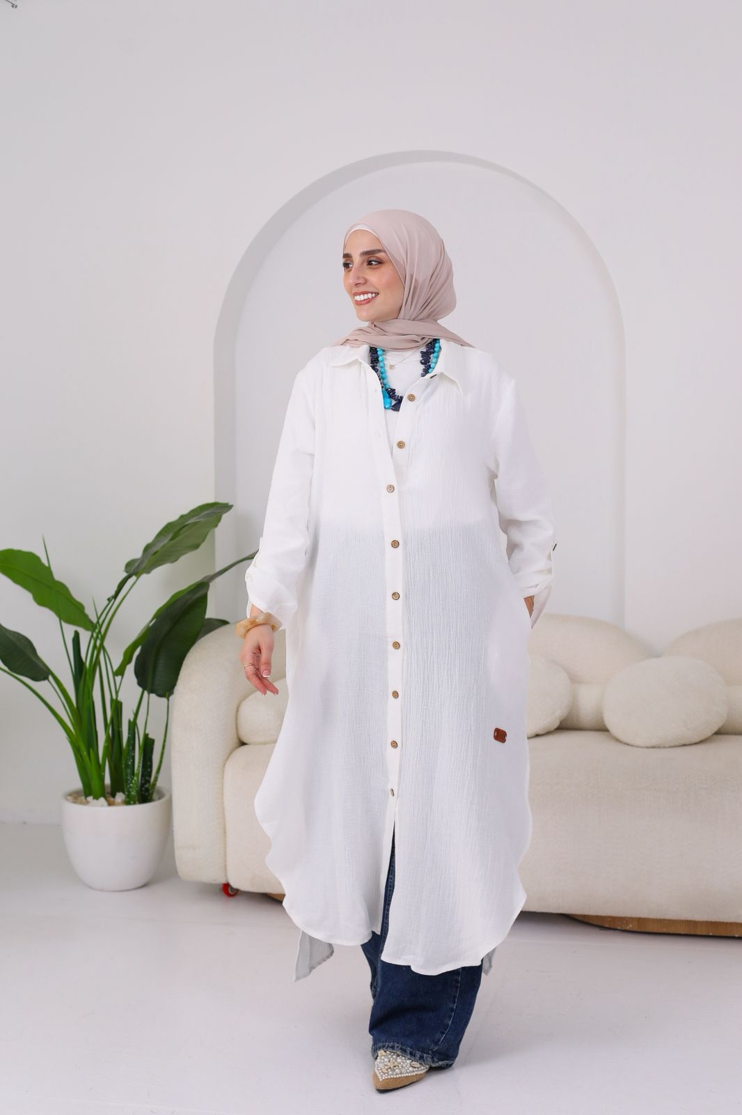 Long Crinkle Cotton Shirt in White