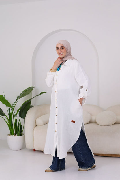 Long Crinkle Cotton Shirt in White