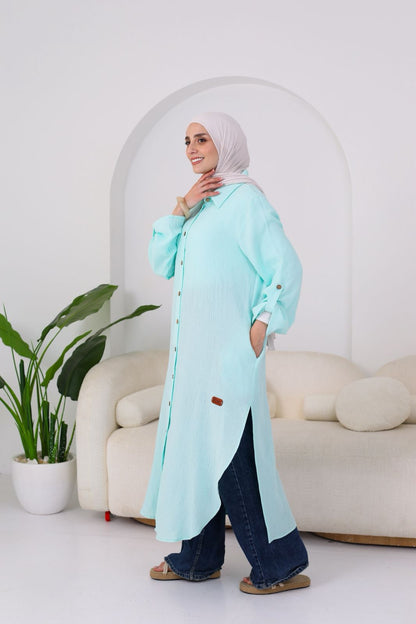Long Crinkle Cotton Shirt in Aqua