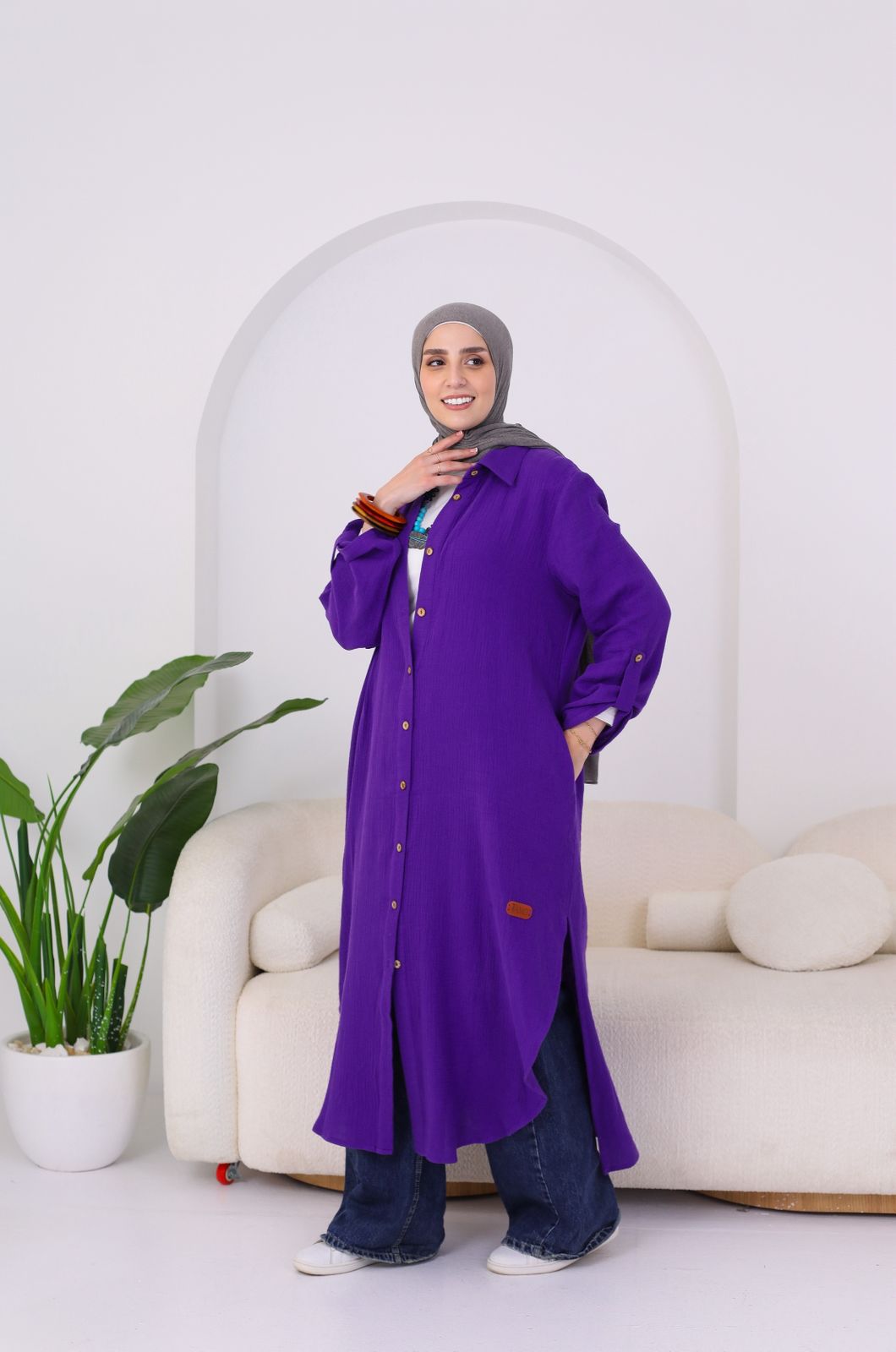 Long Crinkle Cotton Shirt in Purple