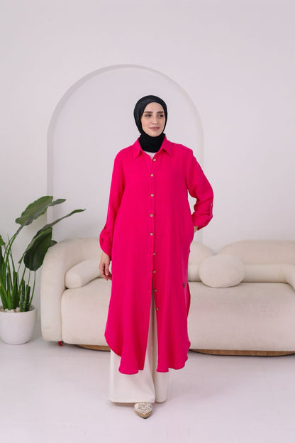 Long Crinkle Cotton Shirt in Fushia