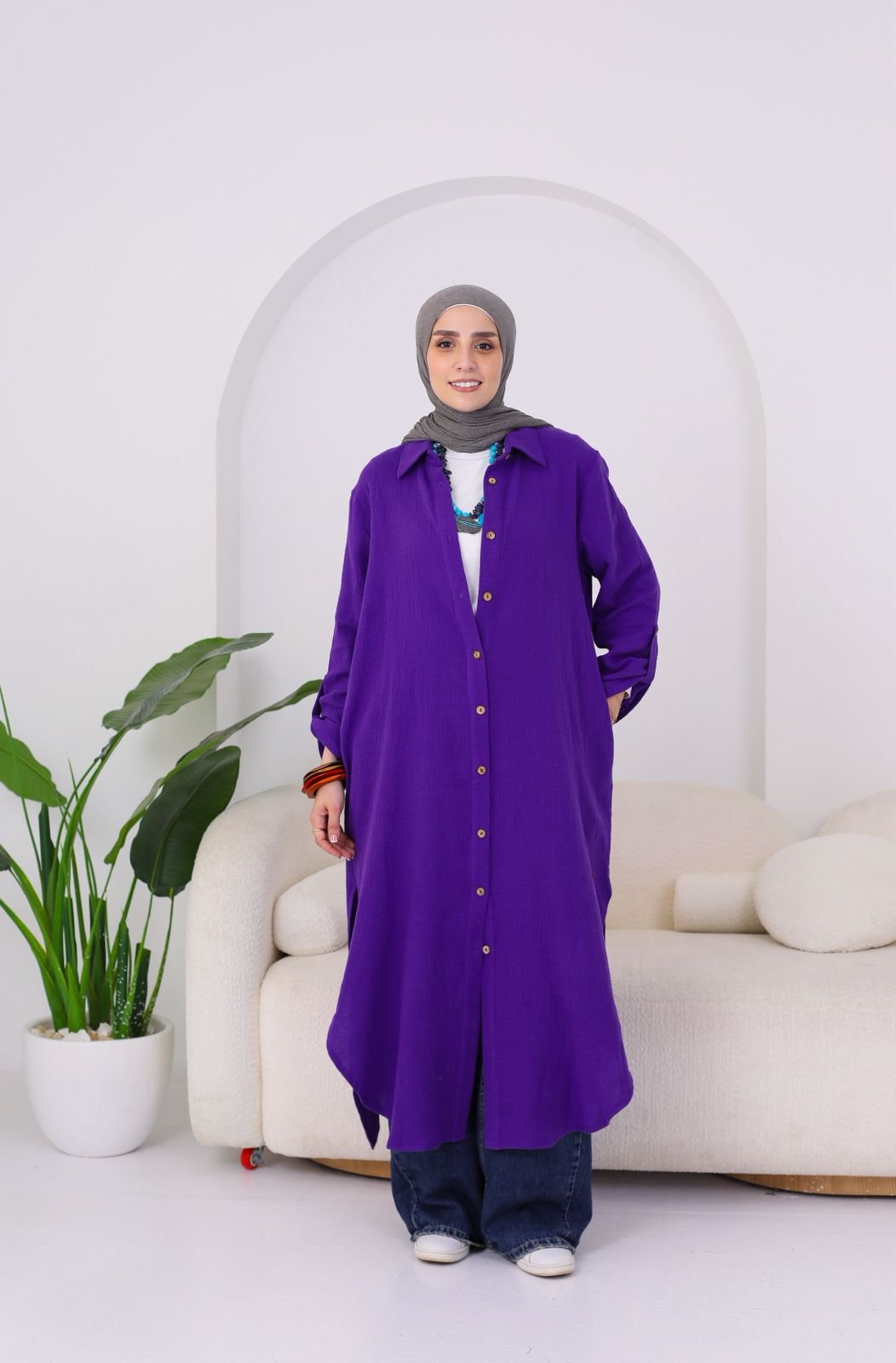 Long Crinkle Cotton Shirt in Purple