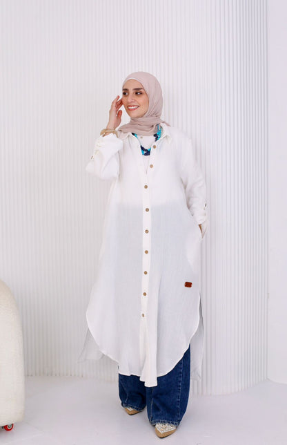 Long Crinkle Cotton Shirt in White