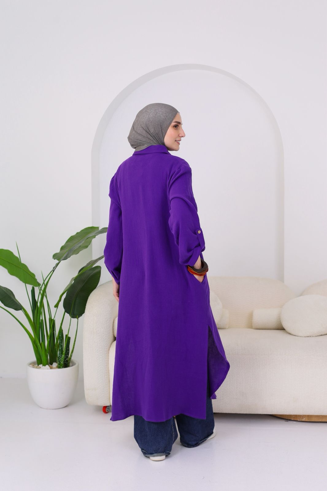 Long Crinkle Cotton Shirt in Purple