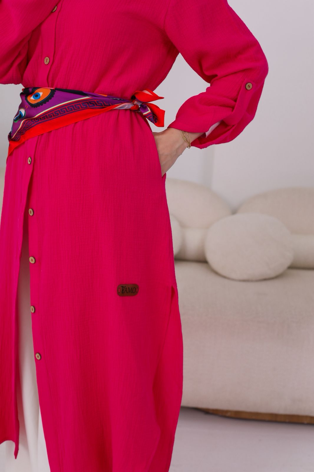 Long Crinkle Cotton Shirt in Fushia