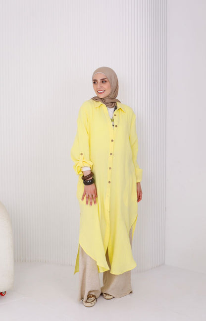 Long Crinkle Cotton Shirt in Yellow
