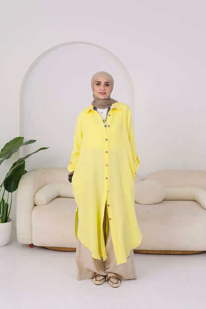Long Crinkle Cotton Shirt in Yellow