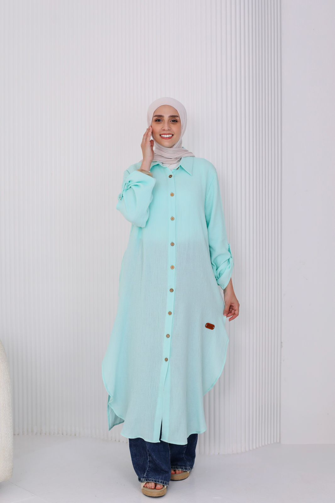 Long Crinkle Cotton Shirt in Aqua