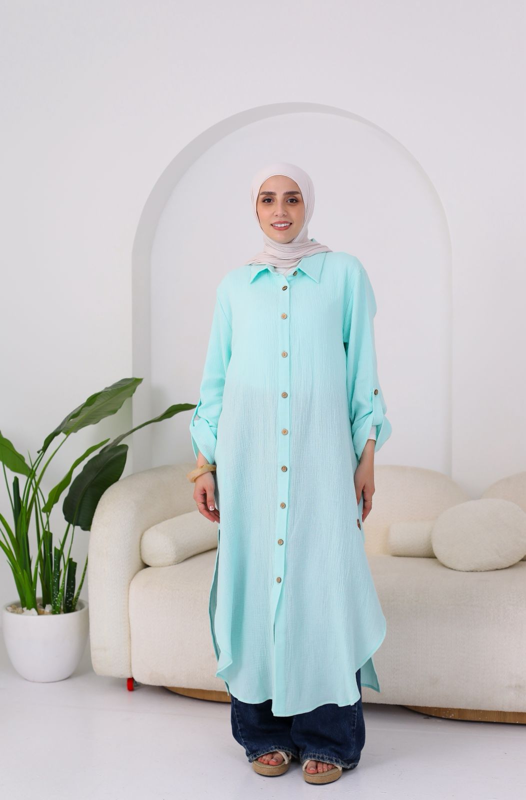 Long Crinkle Cotton Shirt in Aqua