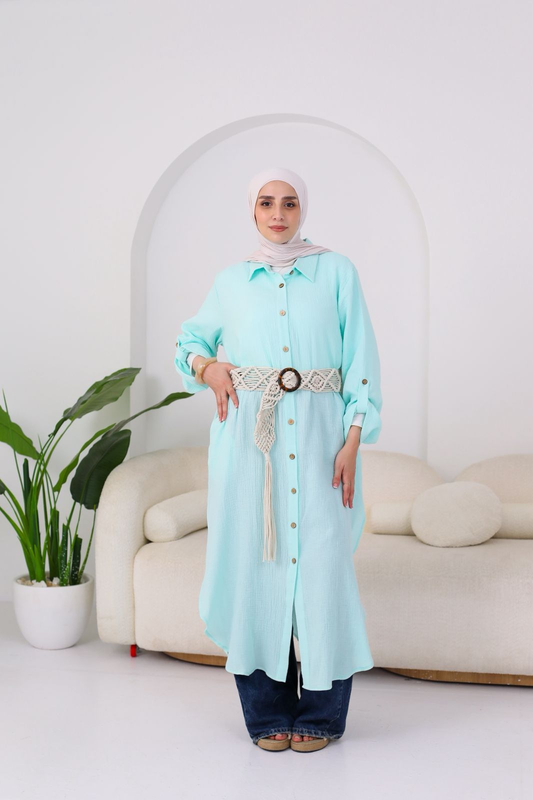 Long Crinkle Cotton Shirt in Aqua