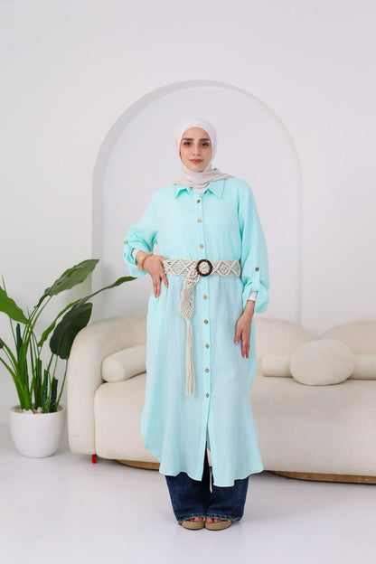 Long Crinkle Cotton Shirt in Aqua