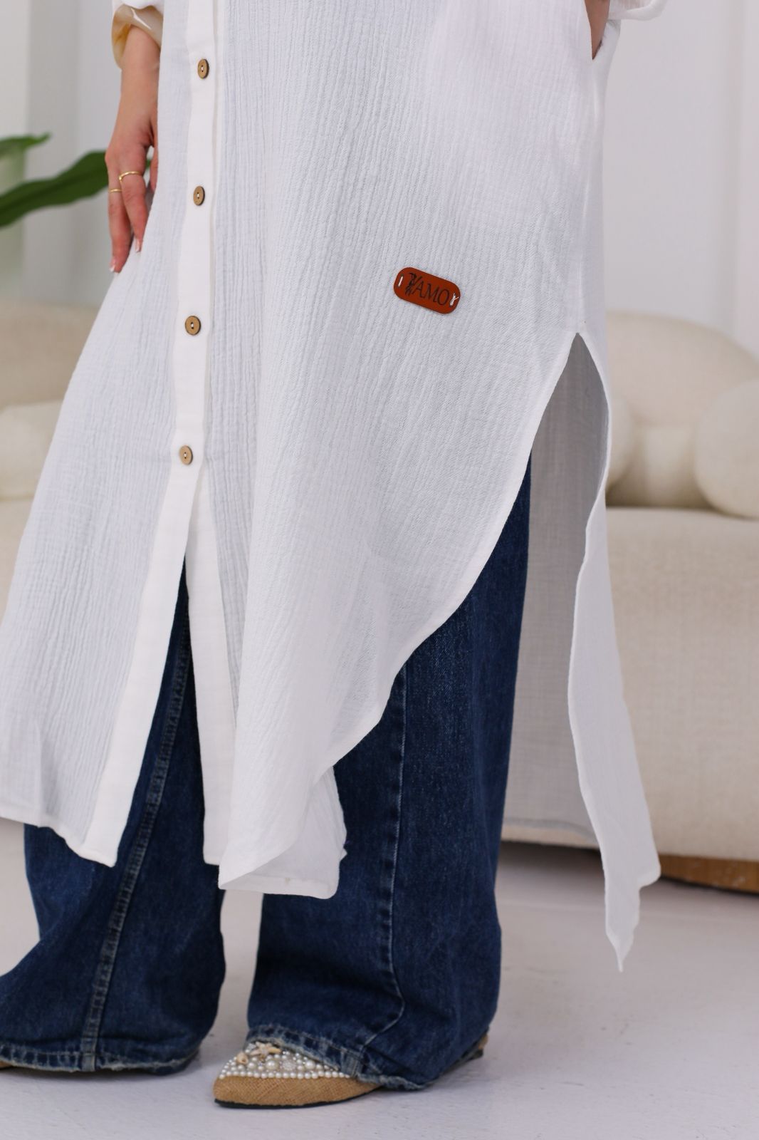 Long Crinkle Cotton Shirt in White