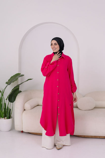 Long Crinkle Cotton Shirt in Fushia