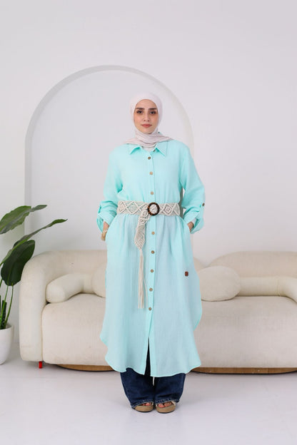 Long Crinkle Cotton Shirt in Aqua