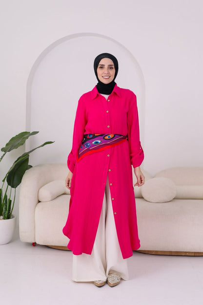 Long Crinkle Cotton Shirt in Fushia