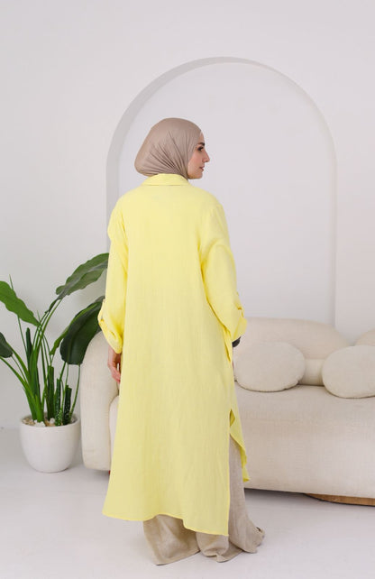 Long Crinkle Cotton Shirt in Yellow